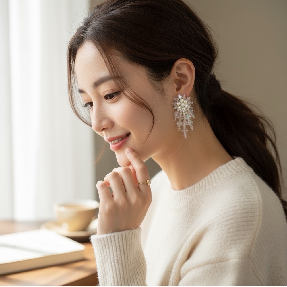 Handcrafted Beaded Faux Pearl Pierced Earrings